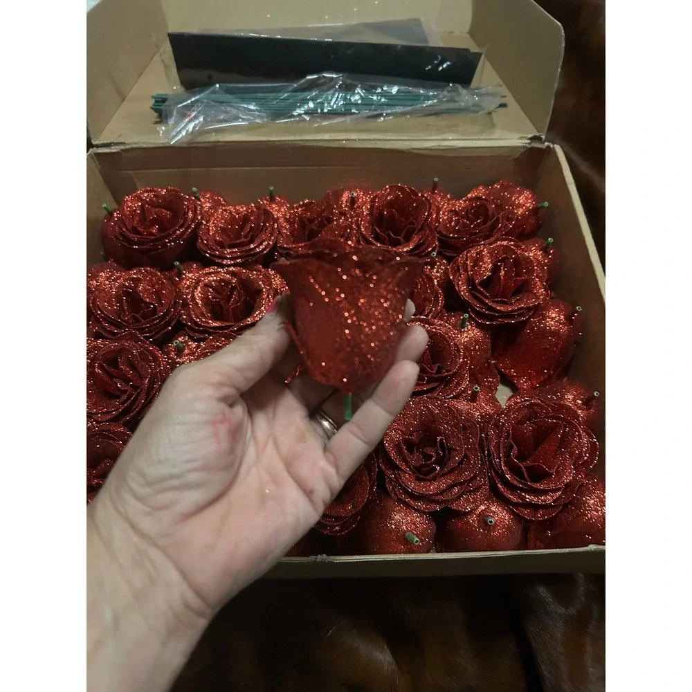 Red Glitter Artificial Rose Flower Heads DIY Bouquet Kit with Stems & Bag 50 pcs